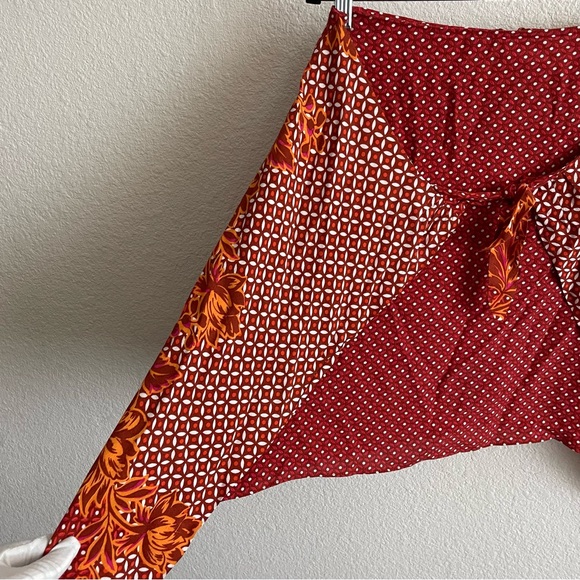 Maeve Anthropologie Red Orange Tie Front Mixed Pattern Skirt - Picture 4 of 8